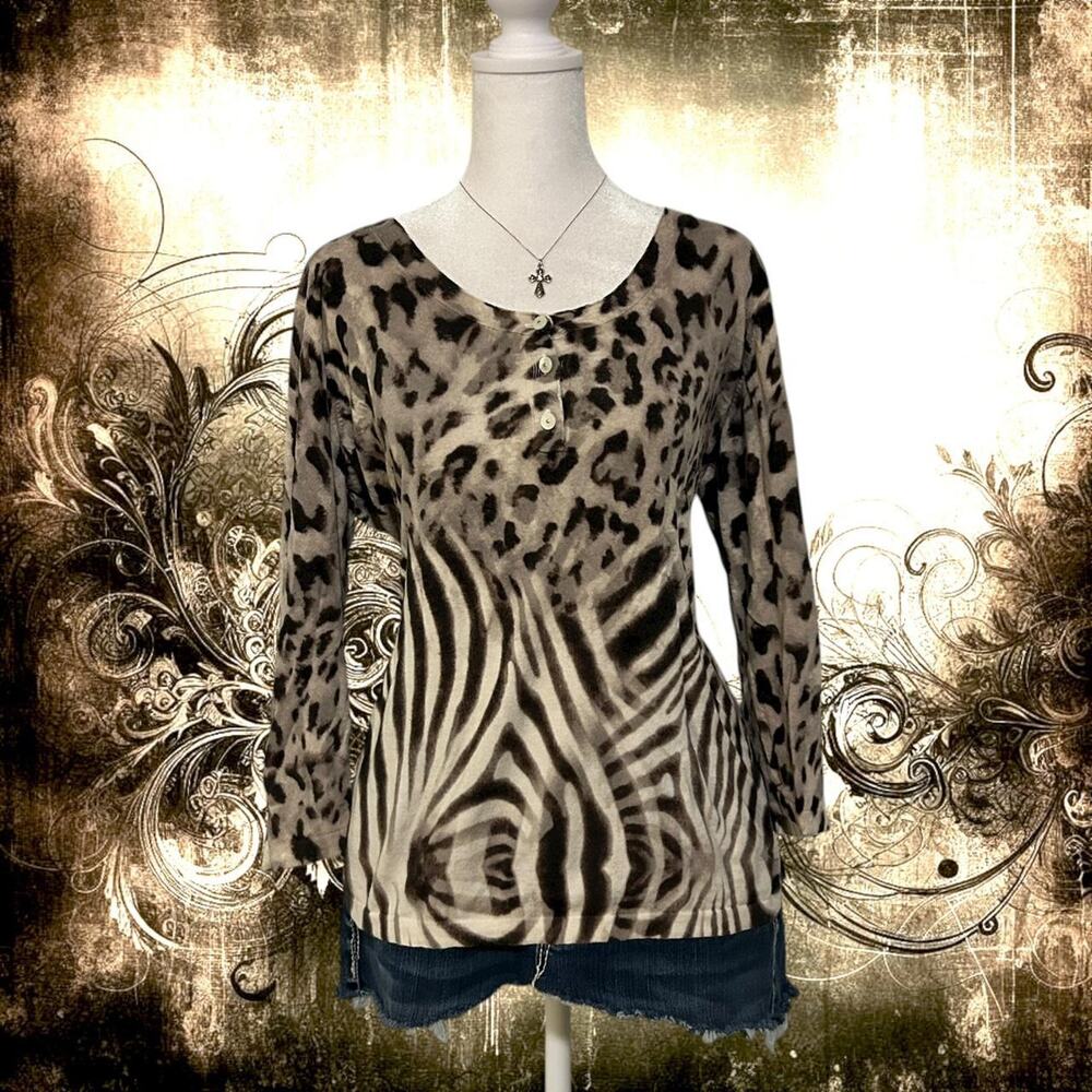 whimsical cozy leopard & zebra print henley long sleeve top